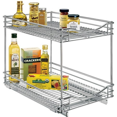 Lynk Professional Roll Out Double Shelf, Pull Out Two Tier Sliding Under Cabinet Organizer, 14"W x 18"D, Chrome