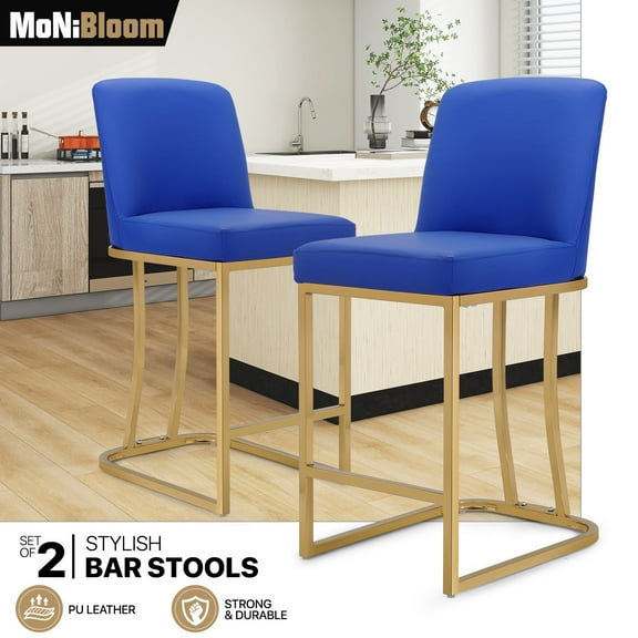 MoNiBloom PU Leather Counter Bar Stools with Back set of 2, Metal Frame Armless Chairs , for Dining, Kitchen, Navy Blue