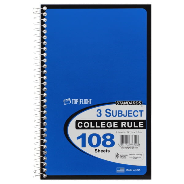120 Sheets Each 11 x 8.5 in Sheets 3X Top Flight Wired 3 Subject Notebooks 