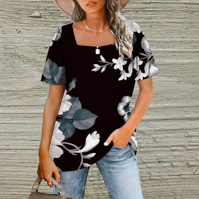 Bigersell Ladies Tops and Blouses Women Fashion Summer Print Regular Women  Short Sleeve Round Neck Button Tops Big & Tall Lace Square Neck Short