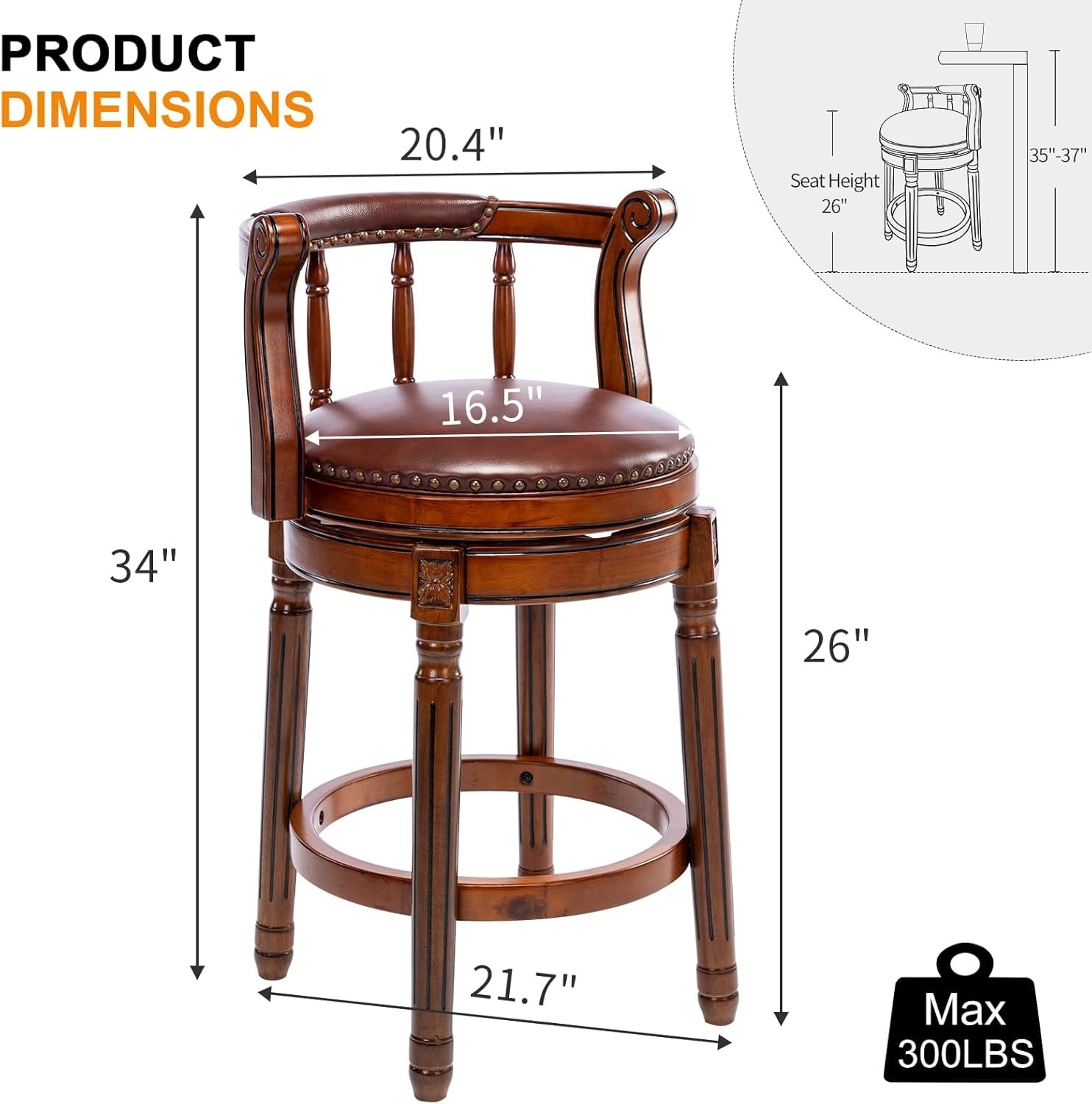 Aulife 2pcs Bar Stools Genuine Leather Counter Height barstool Wooden Swivel kitchen Stool with Footrest for Kitchen Dining Room