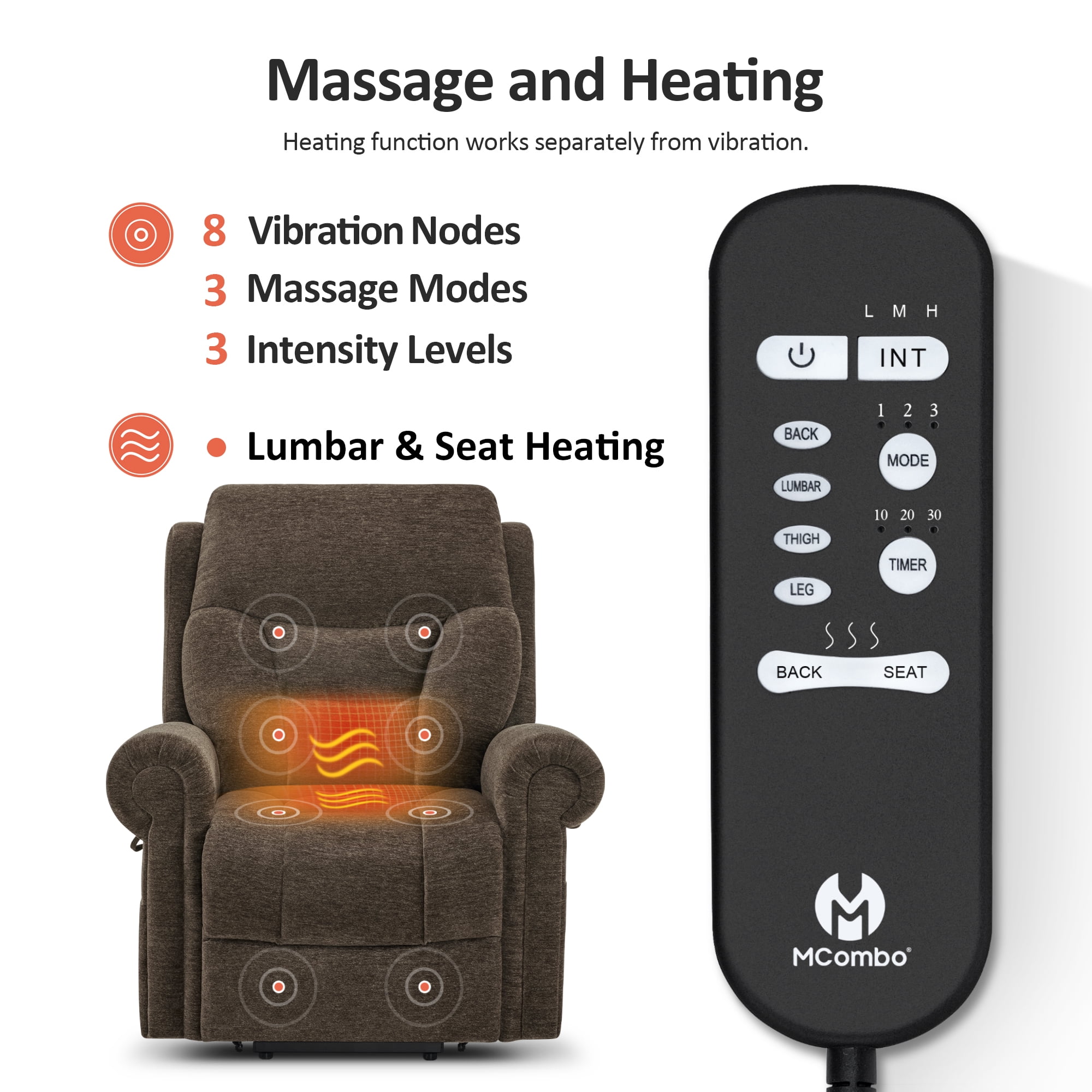 MCombo Dual Motor Power Lift Recliner Chair with Massage and Dual Heating for Senior, Fabric 7888 (Coffee, Medium)