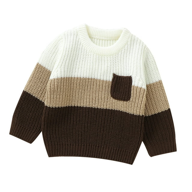 Glisme Knit Sweater For Girls Patchwork Color Block Knit Sweaters Thermal Sweatshirt Long Sleeve Shirt Knitted Fall Winter Breathable Top Clothes Coffee , 12-18 Months