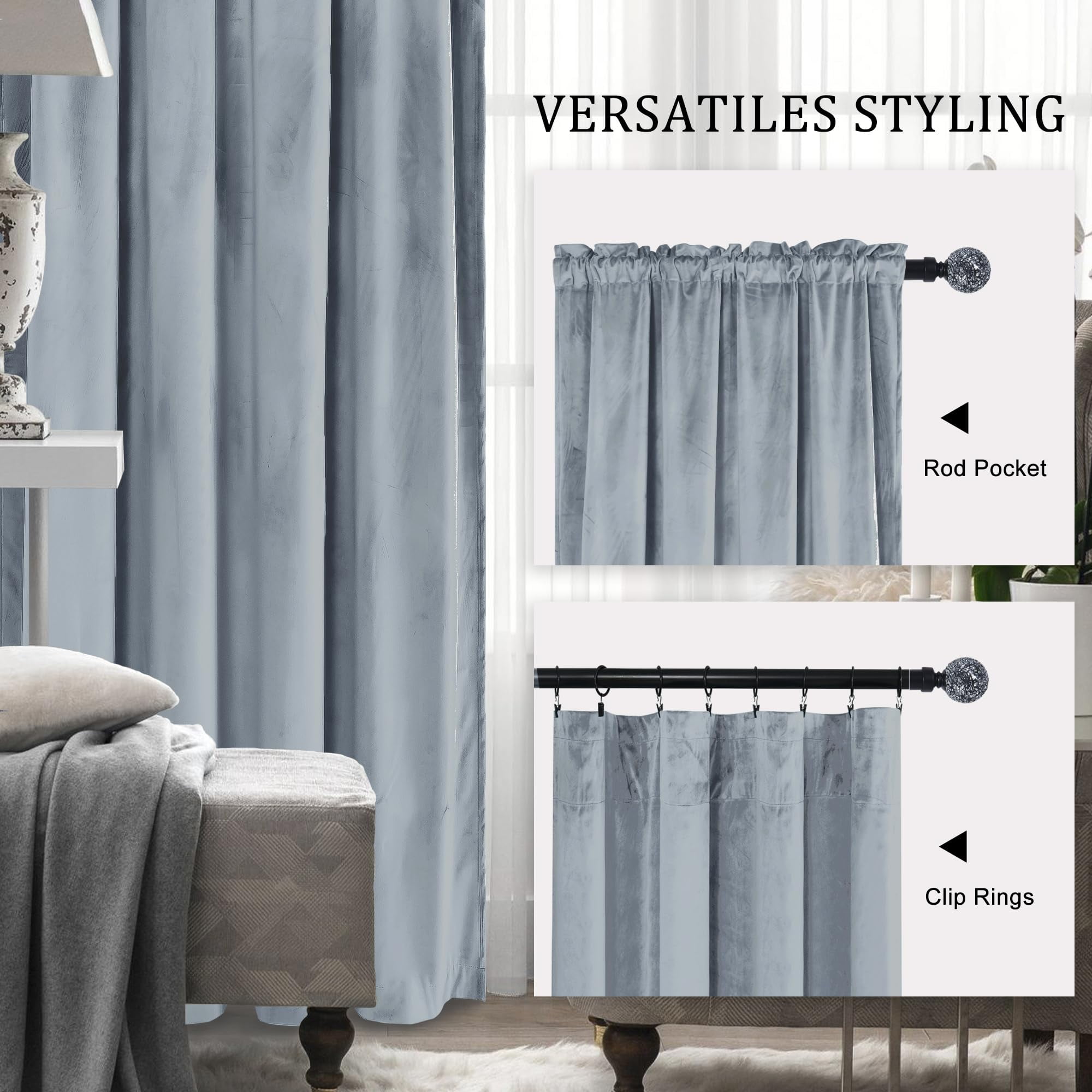 Hiasan Luxury Velvet Curtain with Tiebacks-Blackout Curtains for Bedroom/Living Room, Stone Blue, Rod Pocket, 52" x 72", Set of 2