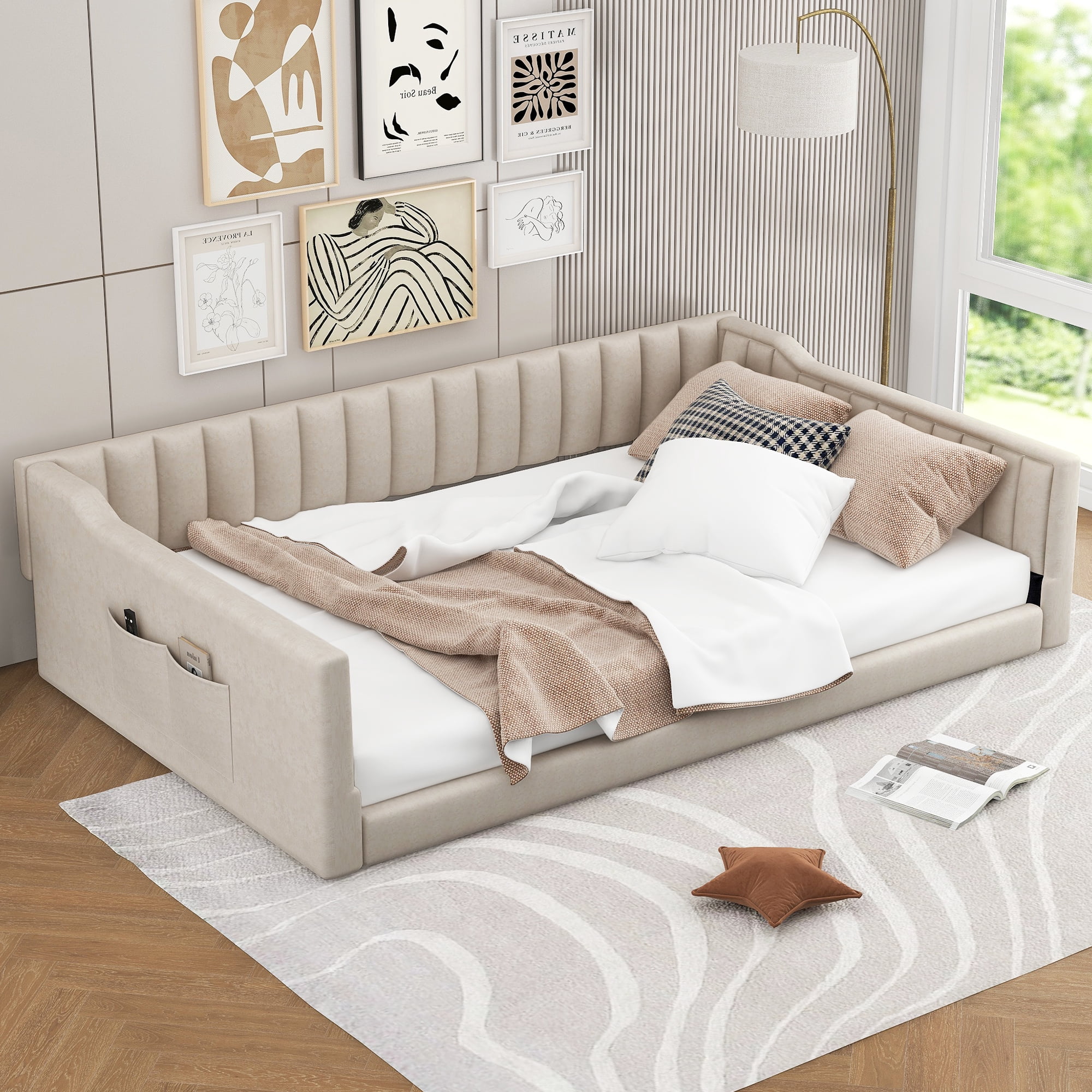Euroco Upholstered Full XL Daybed, Sofa Bed with Storage Pocket, Beige