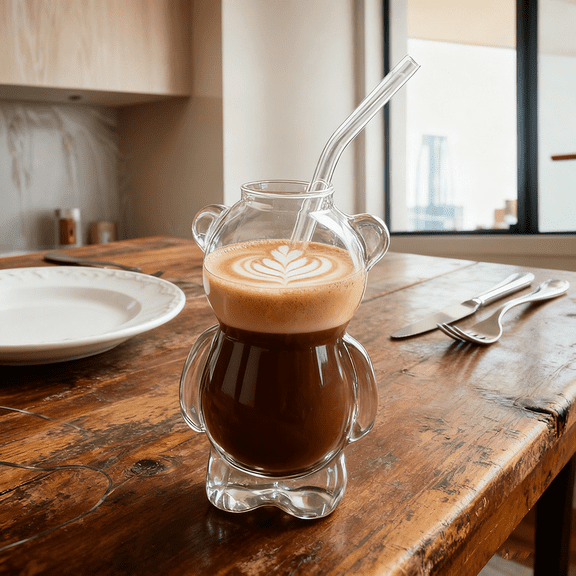 Designer Bear Straw Cup 11oz, Artistic Cute Glass Tumbler with Straw, Unique Holiday Gift for Wife, Girlfriend, or Best Friends, Coffee & Cocktail Mug UKHBMC | Transparent