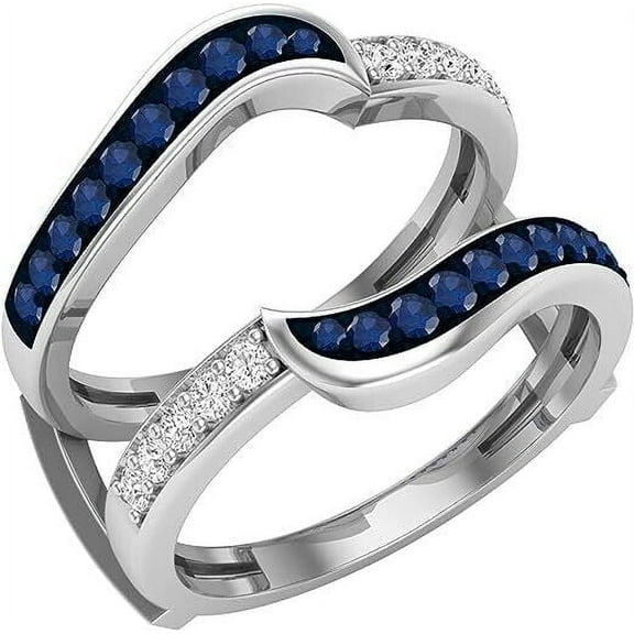 beryl_creation 925 Sterling Silver 2.40ctw Round Blue Sapphire & White Diamond Knott Wedding Band Enhancer Guard Ring 14K White Gold Finish & Girls