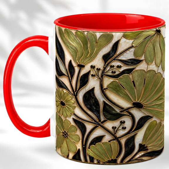 Stained Glass Floral Coffee Mug, Olive Botanical Mug, Ceramic Cup