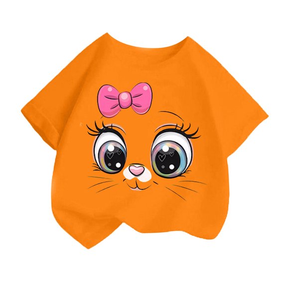HNMKIU Girls Fashion Tee Cute Printed Round Neck Short Sleeve Casual Loose Fit Summer T-Shirt Top for Kids Orange,6-8 Years