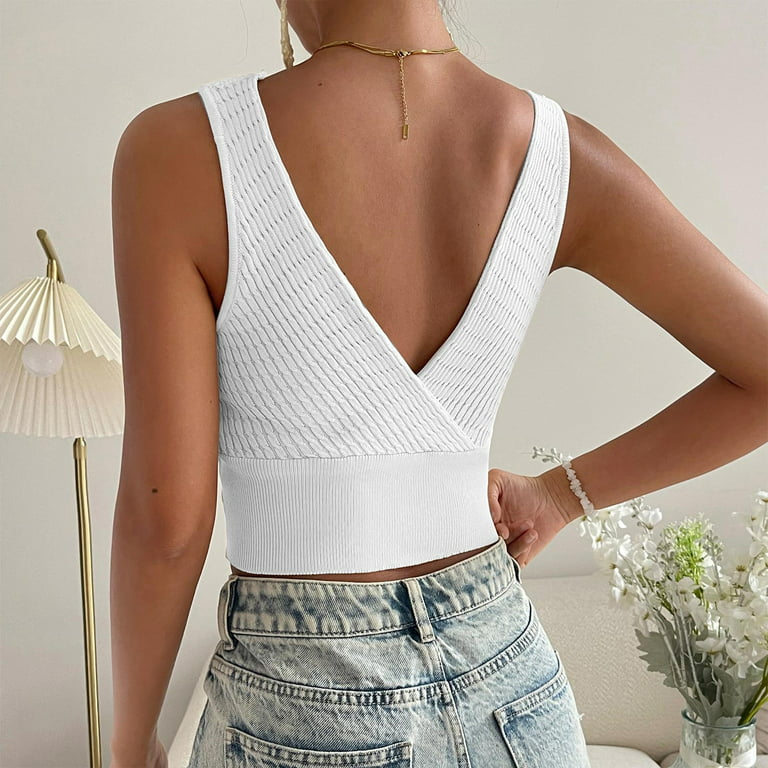 RYRJJ Crop Tops for Women Sleeveless Deep V Neck Workout Tops Plunging Ring  Cleavage Cropped Tank Top Y2k Fashion Streetwear(White,M)