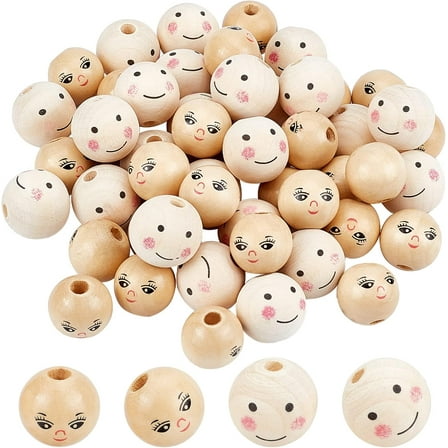 PH 52pcs Face Wood Beads 21mm 24mm Painted Wooden Beads 2 Style Face Wooden Loose Beads Round Spacer Ball Beads for Christmas Angel Head DIY Craft Jewelry Bracelet Necklace Making Multi-color
