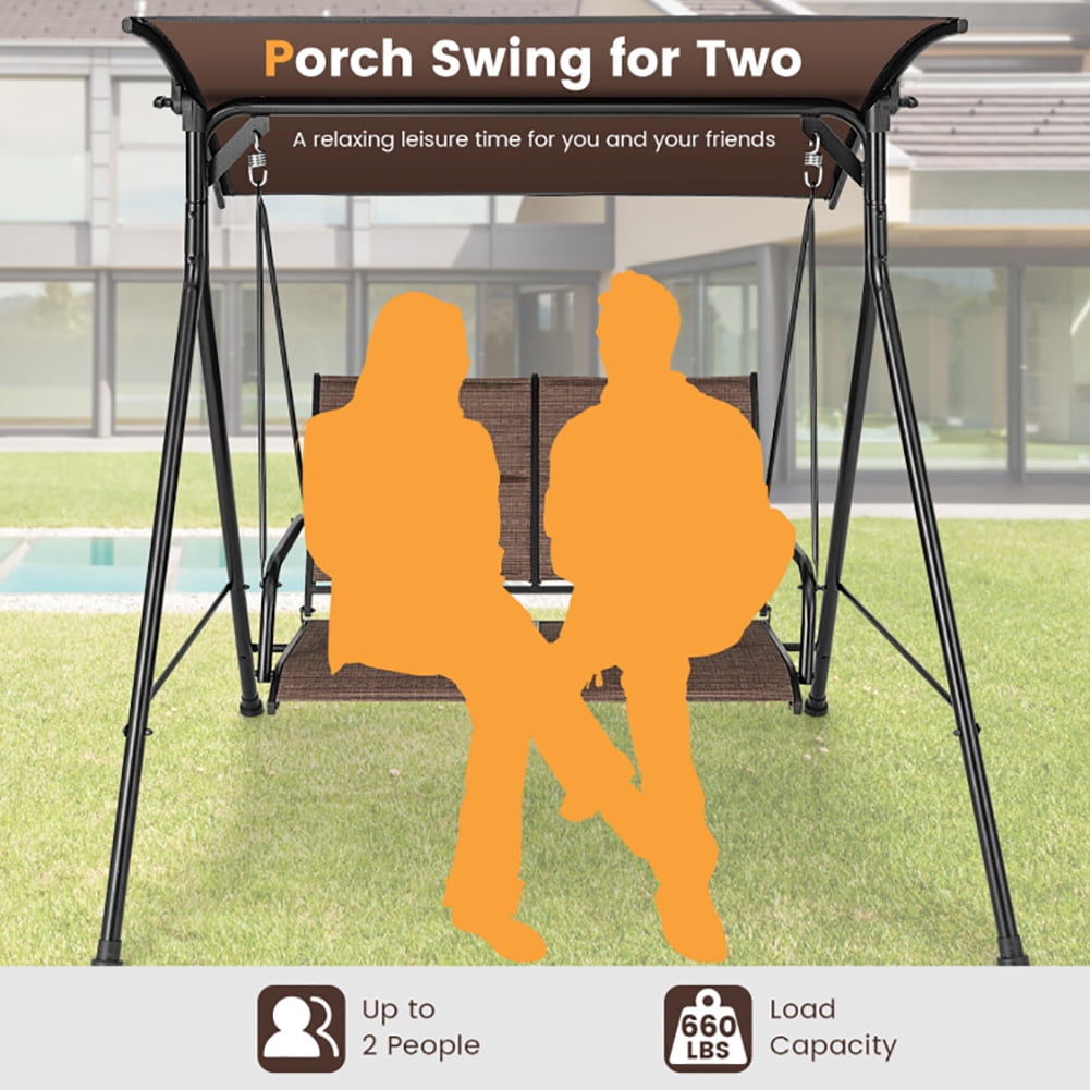 Aimee Lii 2 Person Porch Swing with Adjustable Canopy and Padded Seat, Outdoor Swing for Adults, Brown