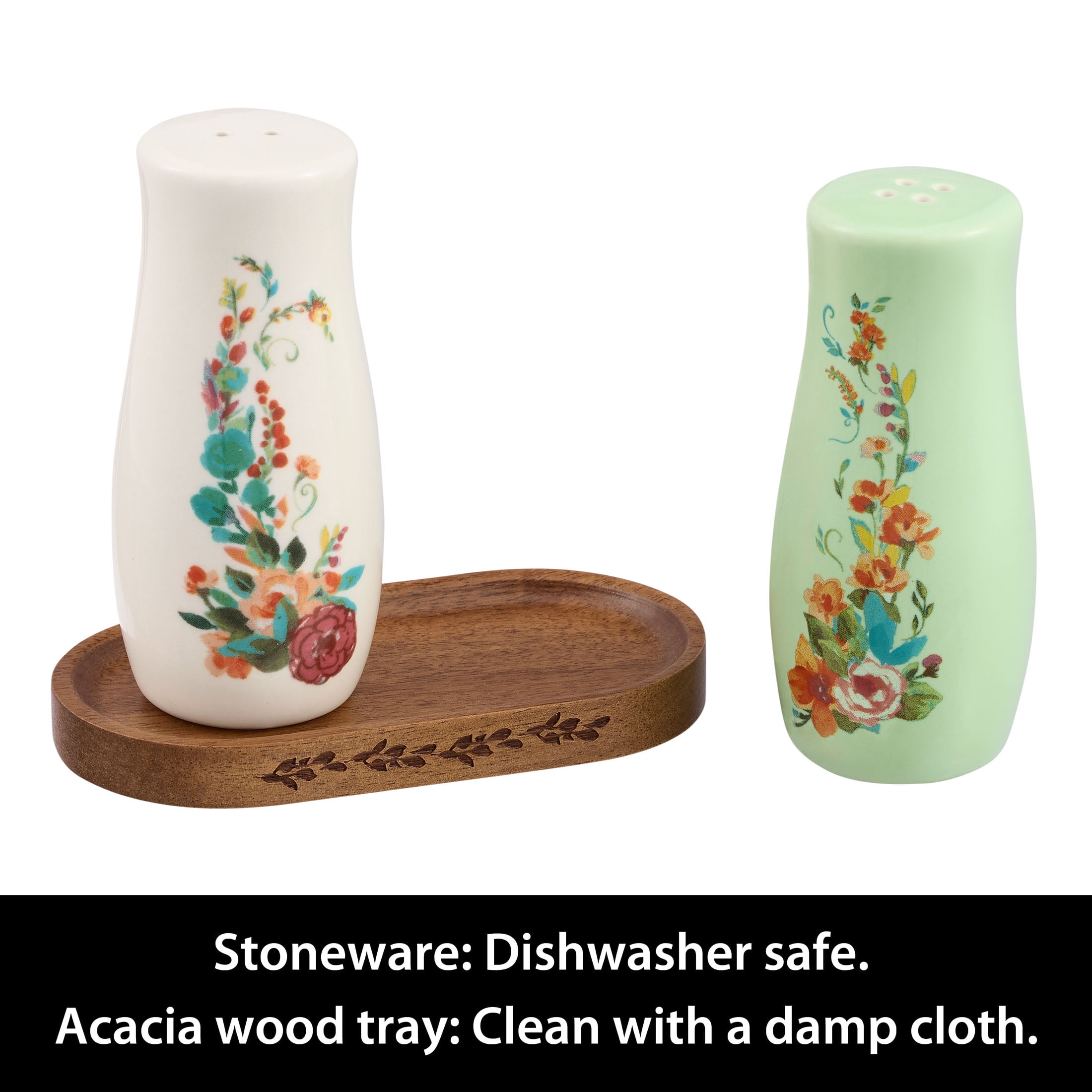 (8 pack) The Pioneer Woman Ceramic Painted Meadow 3 Pieces Salt & Pepper Shakers with Acacia Wood Tray Set, Made for Seasoning Storage and Serving