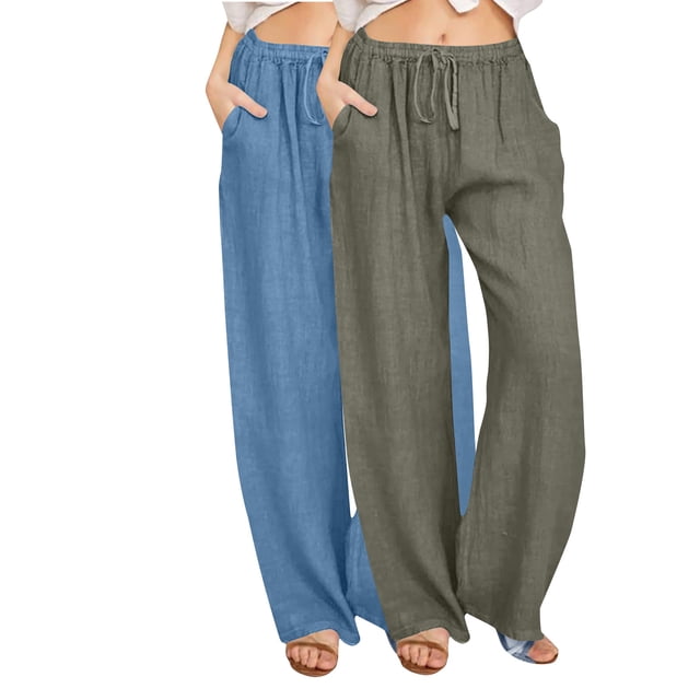 Enjoytime 2 Pack Womens Work Pants Solid Color Drawstring Elastic Waist Wide Leg Pants Lounge Workout Trousers with Pockets Business Casual Plus Size Clothes Navy XXL