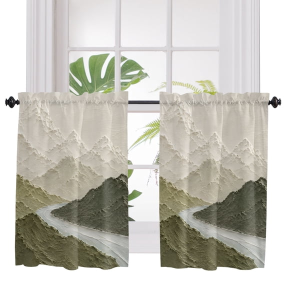 Mountain Ridge Bathroom Window Curtain, Autumn Green Natural River Retro Relief Light Filtering Coffee Kitchen Curtains, Bedroom Living Room Curtains 2 Panel 84"x45"