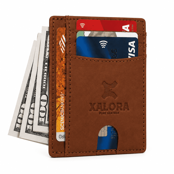 XALORA Slim Leather Wallet for Men & Women, Minimalist Front Pocket Card Holder, RFID Blocking, Thin Bifold Credit Card Case