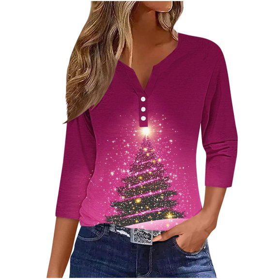 FDGIU Women's Christmas Tree Shirt 2025, Cute Print 3/4 Sleeve Crewneck Tunic Top for Holiday Casual Outfit Gifts