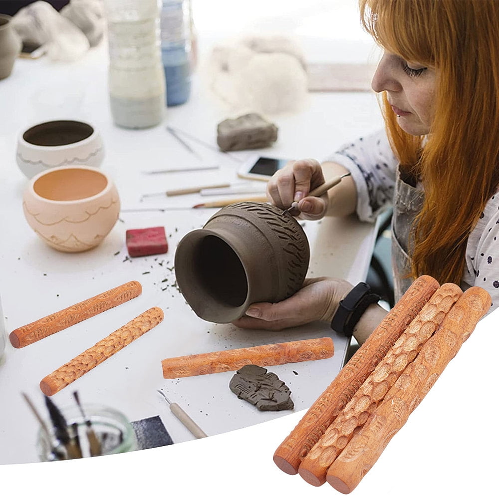 3Pcs 3 Style Wooden Handle Clay Texture Roller Pottery Tools Stone/Leaf/Fish Pattern Mixed Patterns 12x1.5cm 1pc/style