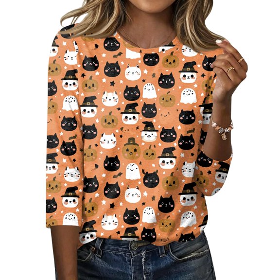 Halloween Shirts for Women Plus Size Horror 3/4 Sleeve Pullover Spooky Halloween Ghost Pumpkin Printed Tops Funny Crew Neck T Shirts Three Quarter Length Blouse,5XL
