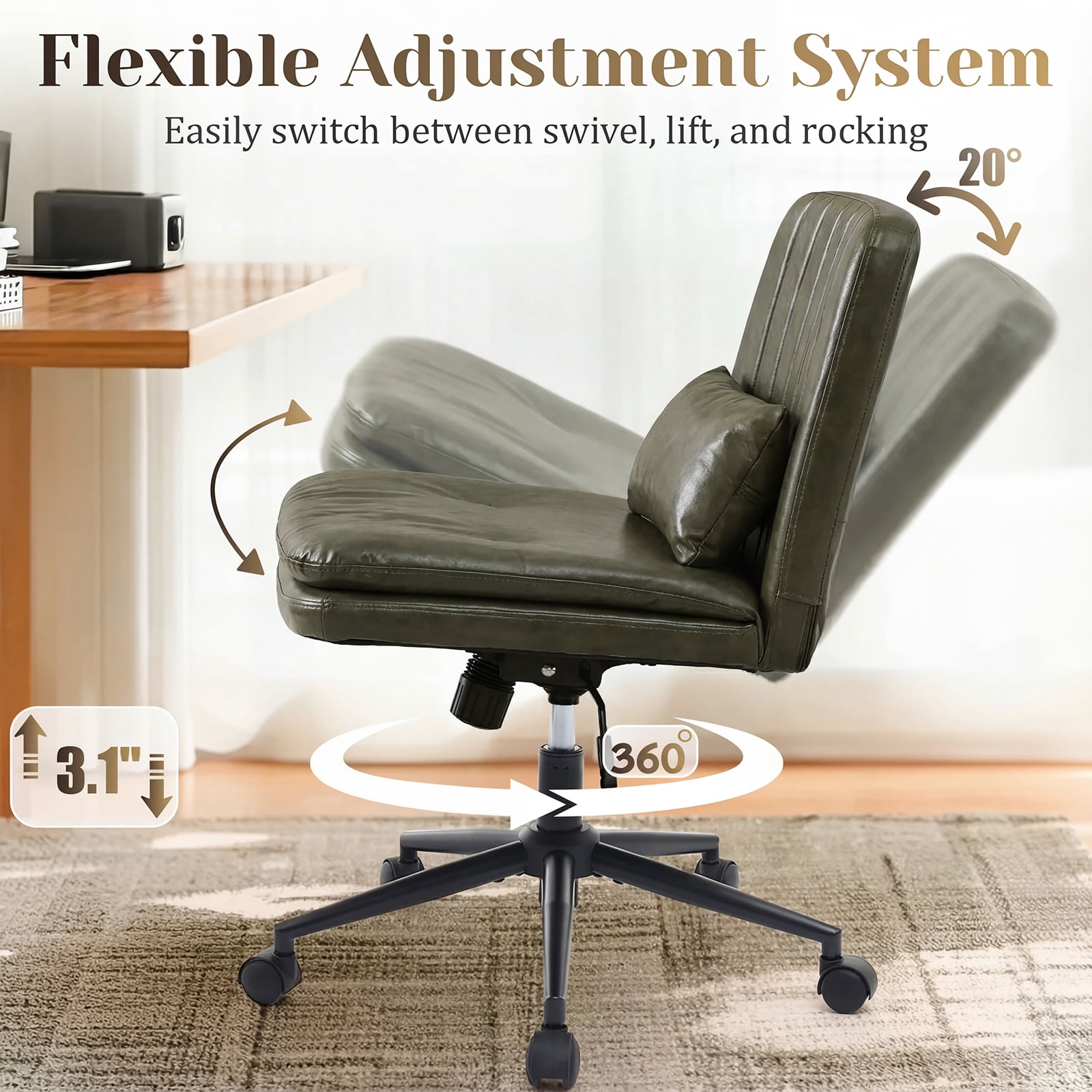 IPKIG Small Armless Criss Cross Chair, Adjustable Swivel PU Leather Office Desk Chair with Lumbar Support Pillow for Home, Makeup Vanity, Green