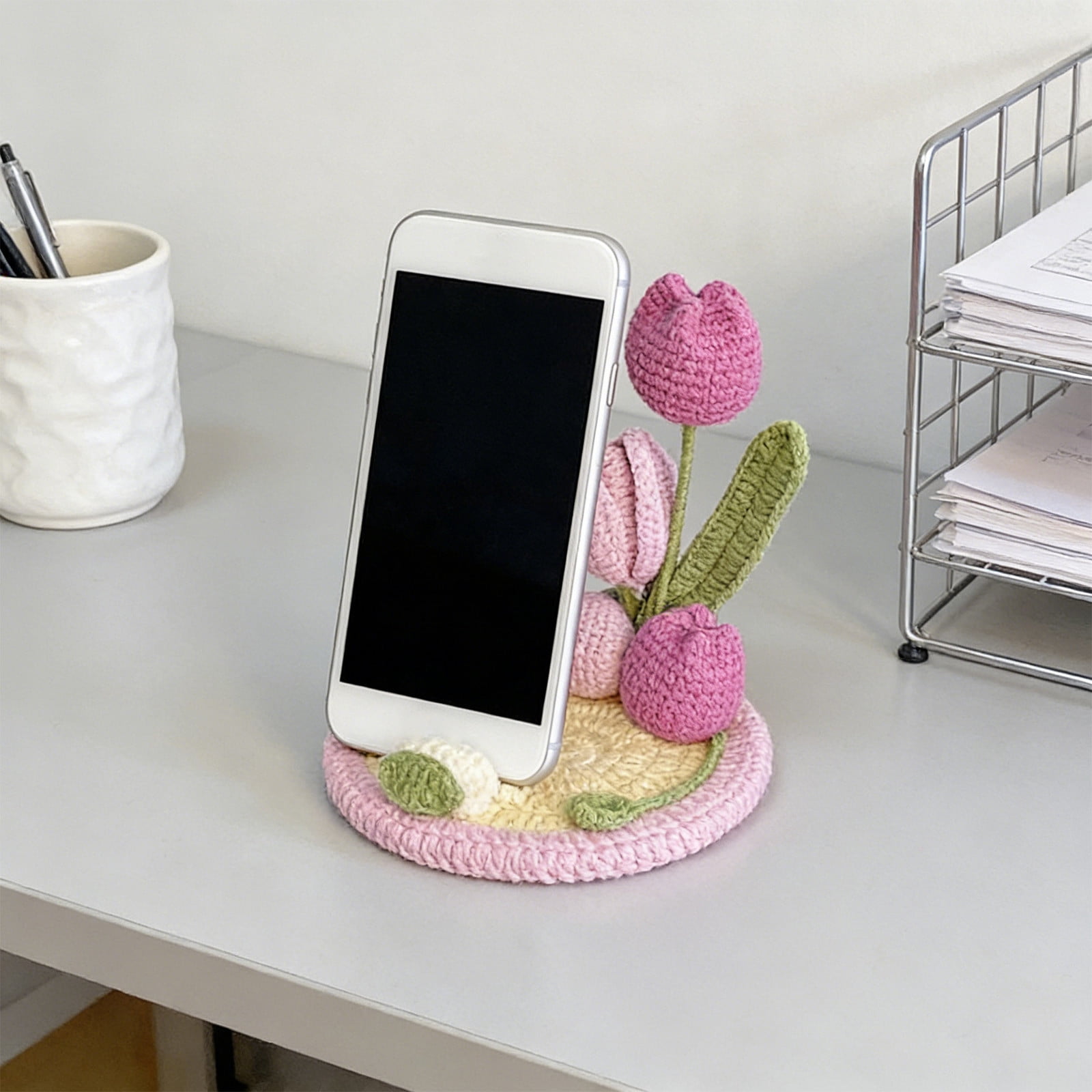 AURIGATE Handmade Crochet Tulip Flower Phone Stand, 5.12 Inch Cotton Cute Floral Phone Holder for Desk Home Office Decor