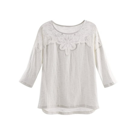 Women's Crochet Accent T-Shirt - 100% Cotton 3/4 Sleeve Extended Hem Fashion Tee