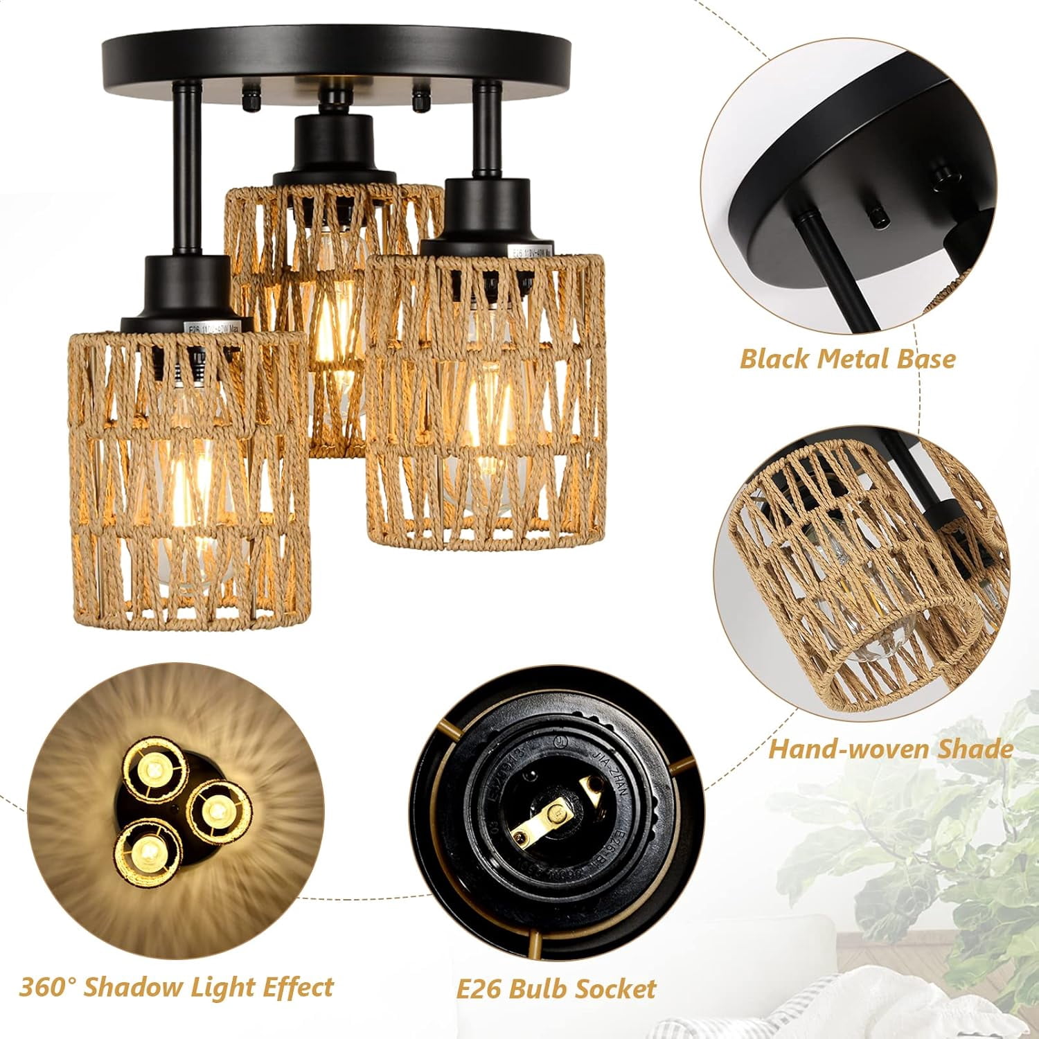 Table Lamp, Flush Mount, Brown Bedroom Lamp,Rattan+Metal LED Lamp, Lighting & Lamps