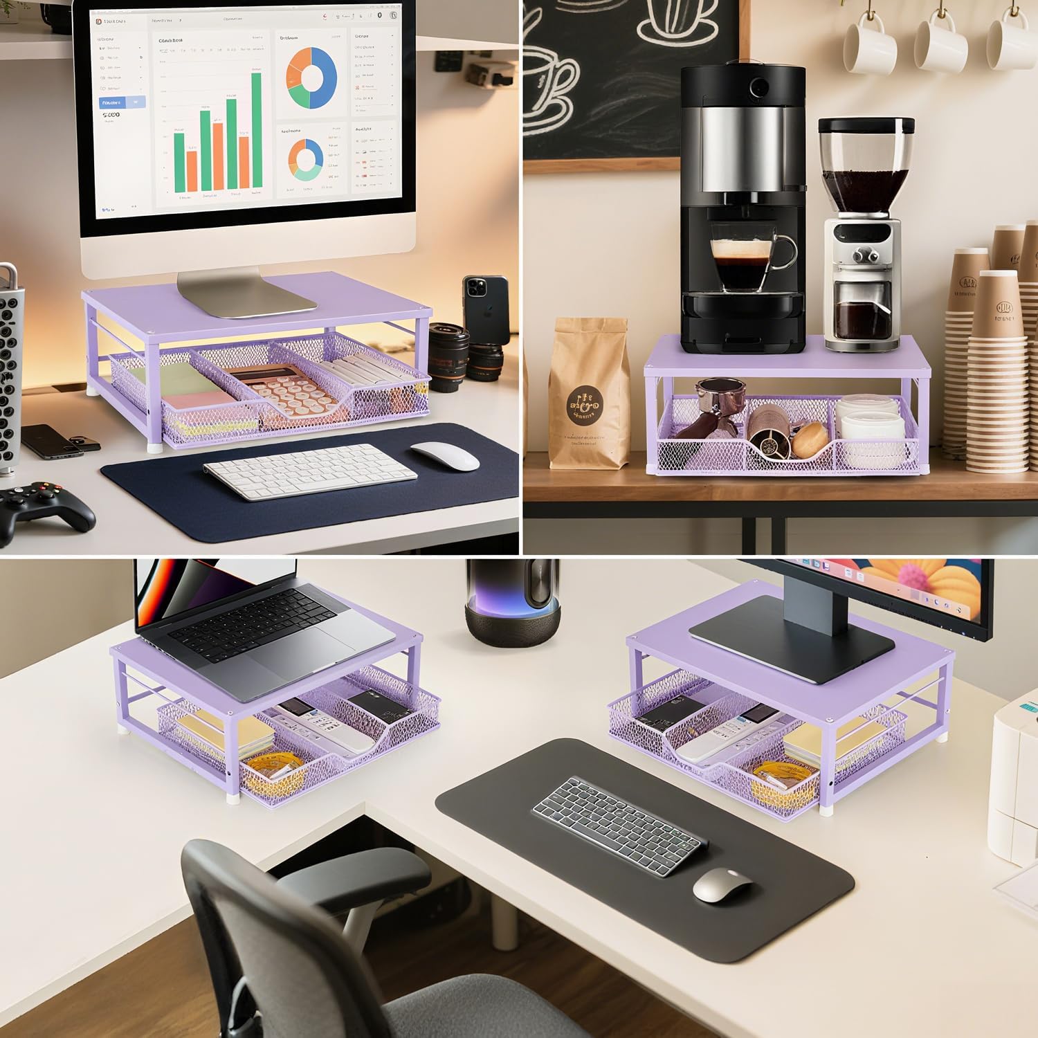 Small Pink Laptop Stand for Desk, Monitor Stand, Office Desk Accessories, Computer Desktop Stand with Drawer for Home, Office, School (Purple)