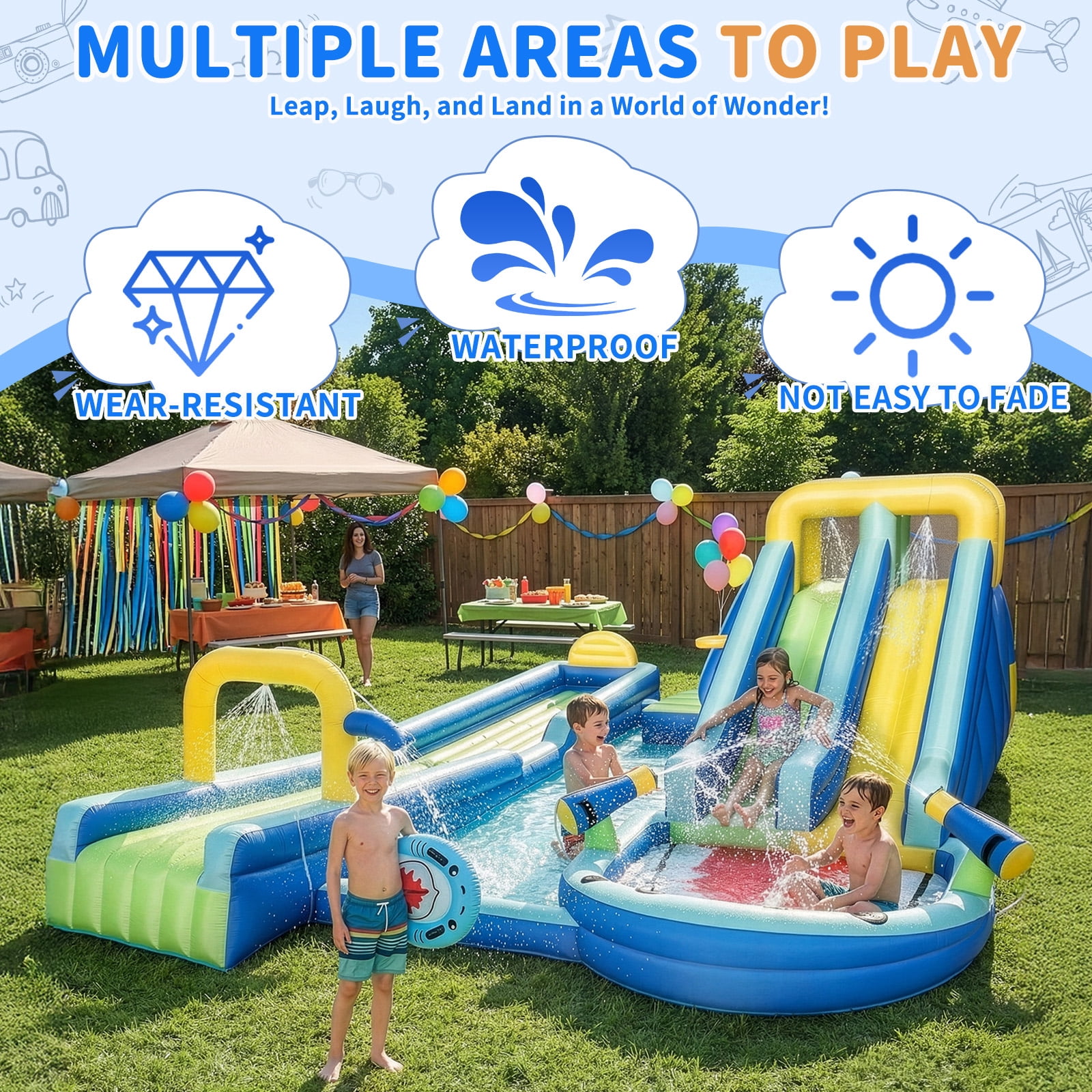 Ktaxon 8-in-1 Inflatable Water Slide Bounce House with Blower, 232" x 177" x 83", Shark Themed Water Park, Dual Slide & Long Slide for Kids Backyard