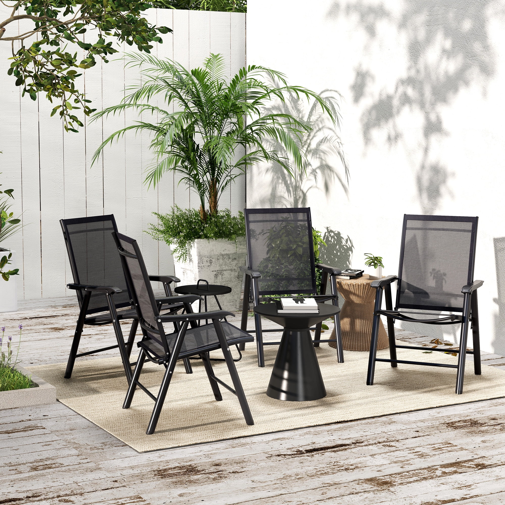 Set of 4 Patio Folding Chairs, Stackable Outdoor Sling Patio Dining Chairs with Armrests for Lawn, Camping, Dining, Beach, Metal Frame, No Assembly, Black