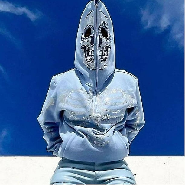 Sudadera con capucha de moda con calavera y diamantes de imitación con cremallera para hombre y mujer, sudadera de gran tamaño Punk Harajuku, ropa de abrigo de manga larga Unisex