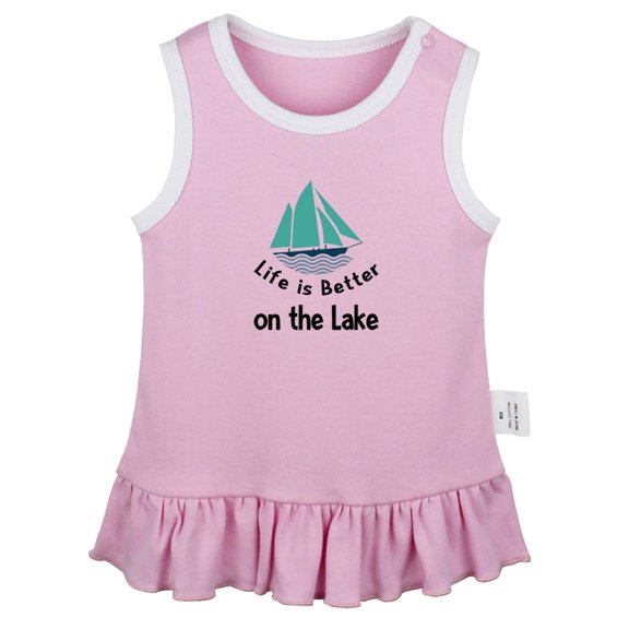Life is Better on the Lake Funny Dresses For Baby, Newborn Babies Skirts, Infant Princess Dress, 0-24M Kids Graphic Clothes (Pink Sleeveless Dresses, 12-18 Months)