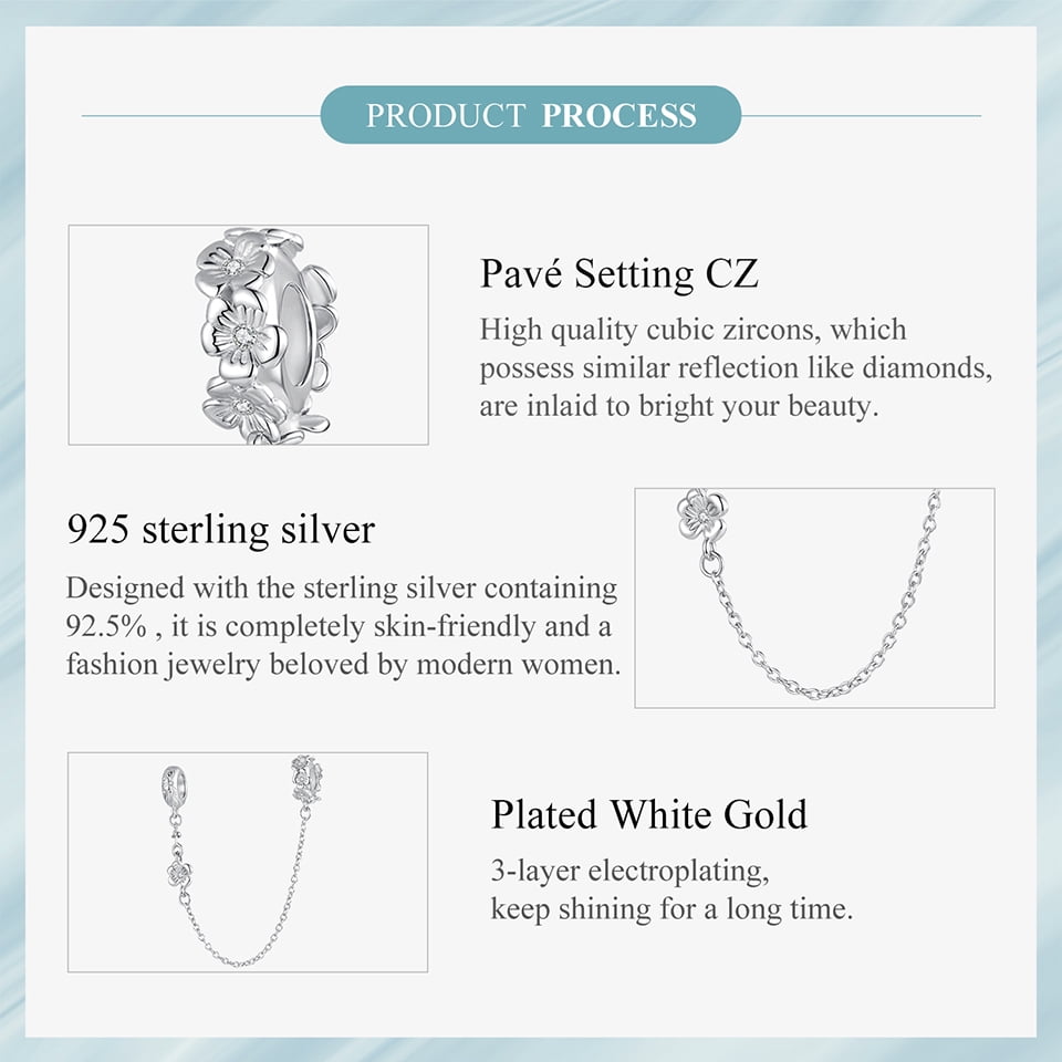 Floral Safety Chain Charm  , Genuine 925 Sterling Silver, Compatible with Most Charm Bracelet