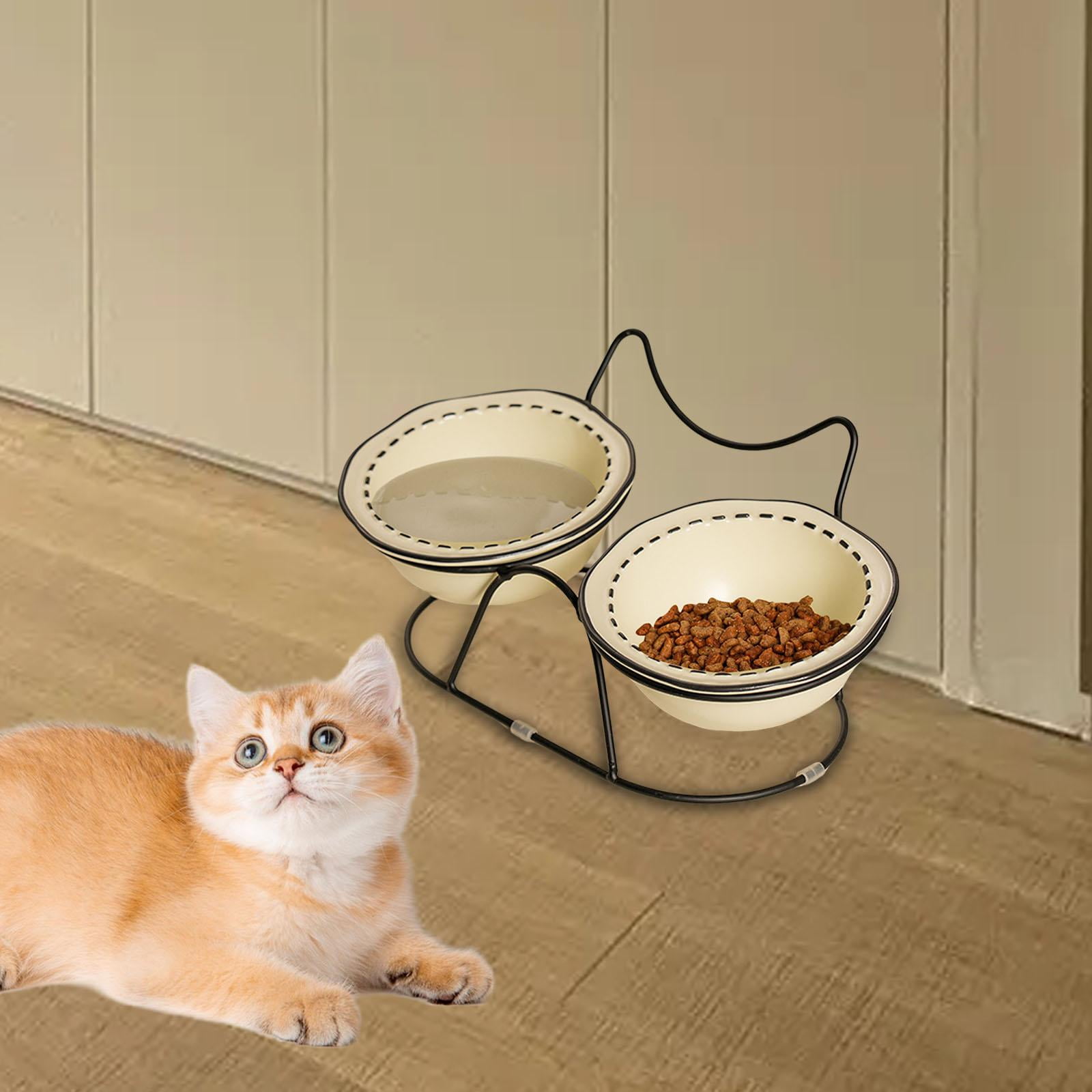 Bothyi Ceramic Pet Bowl Cat Dish Feeder AntiSlip Protect Pets Neck Raised Cat Bowl Cat Food and Water Bowl Set for Indoor Cats Puppy beige