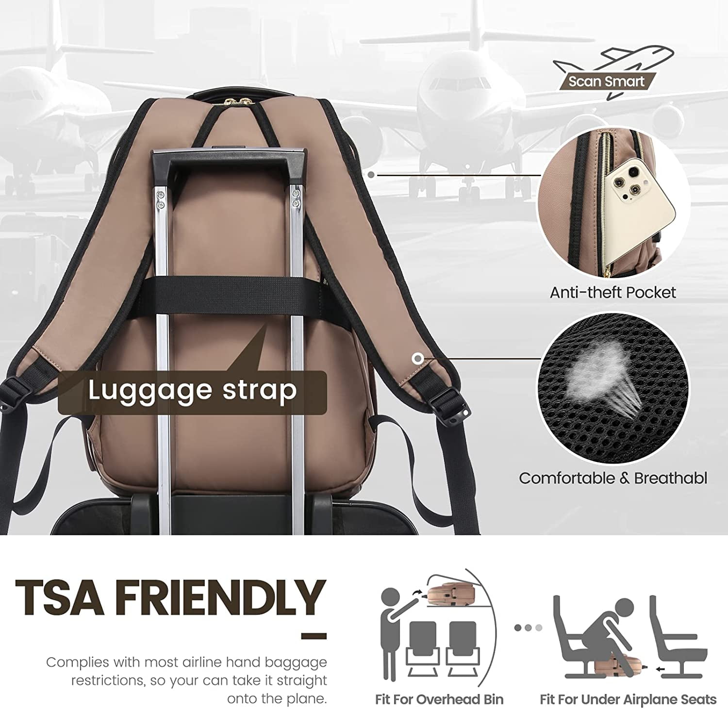 Lovevook Laptop Backpack for Women, 15.6" Quilted Travel Backpack with Anti-Thief Pocket, Teacher Backpack Book Bag Nurse Bag Purse with USB-Coffee Brown