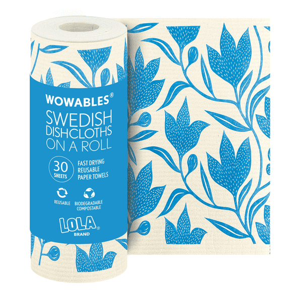 LOLA Swedish Dishcloths for Kitchen XL, 30 Sheet Roll w/ Hook, Blue Floral, 100% Biodegradable, Reusable Washable Paper Towel Cleaning Cloths, 11" x 10" Sheet, No Odor, Washing Dishes, Absorbent