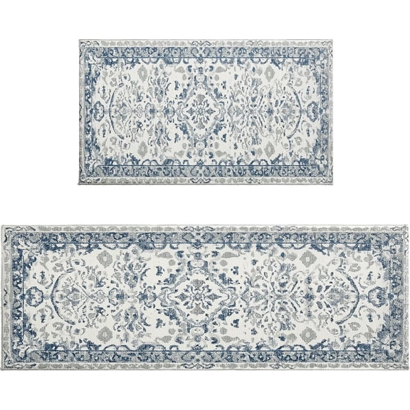 Blue Boho Kitchen Rug Sets 2 Piece Non Slip Farmhouse Kitchen Rugs and Mats Washable Kitchen Mats for Floor Thick Kitchen Floor Mat Carpet Runner for Hallway Laundry Holiday Decor
