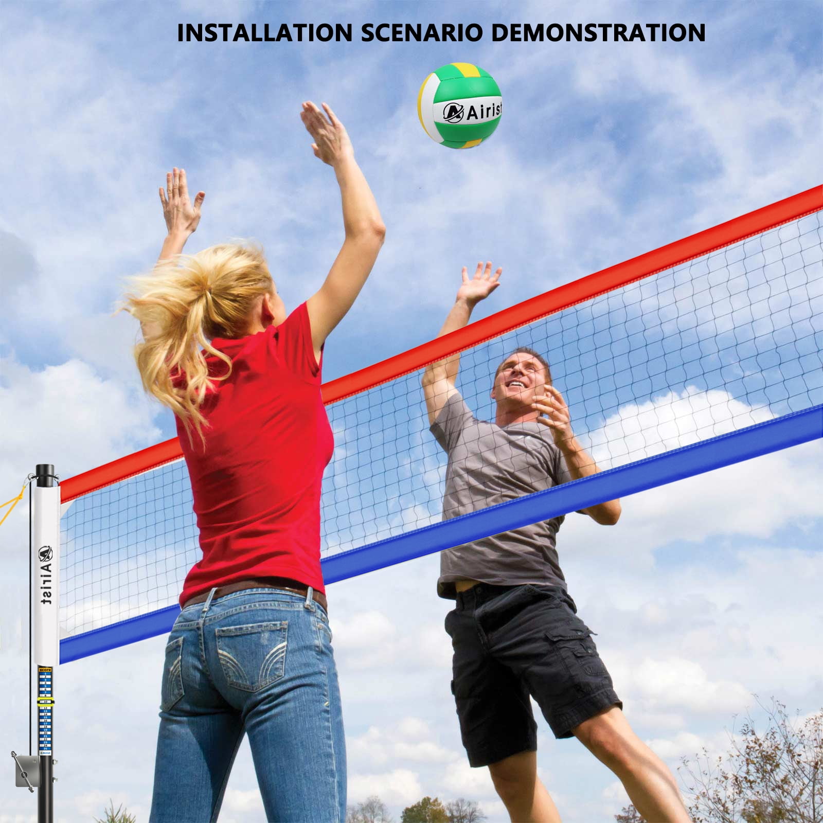 Airist Heavy Duty Volleyball Net Outdoor with Steel Anti-Sag System, Adjustable Aluminum Poles, Professional Volleyball Nets Set for Backyard and Beach, Volleyball and Carrying Bag(Red and Blue)