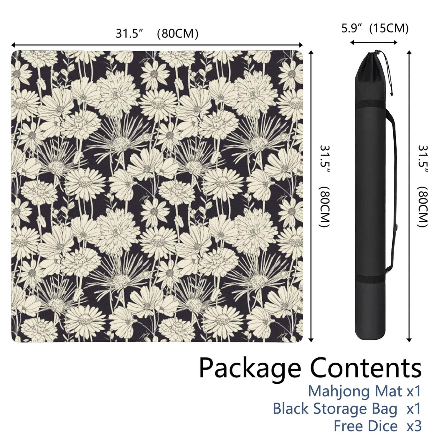 Floral Mahjong Game Night Mat 31.5 Inch Square Rubber Surface Provides Secure Grip for Tiles and Reduces Table Noise