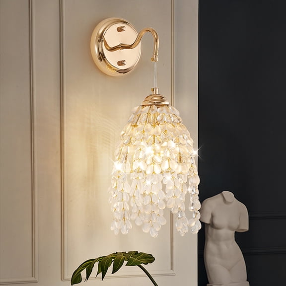 Set of 2 Gold Frame and Crystal Grape-Shaped Bead String Wall Sconces ,E12 Bulb Socket, Elegant Hanging Light Fixture (No Bulb)