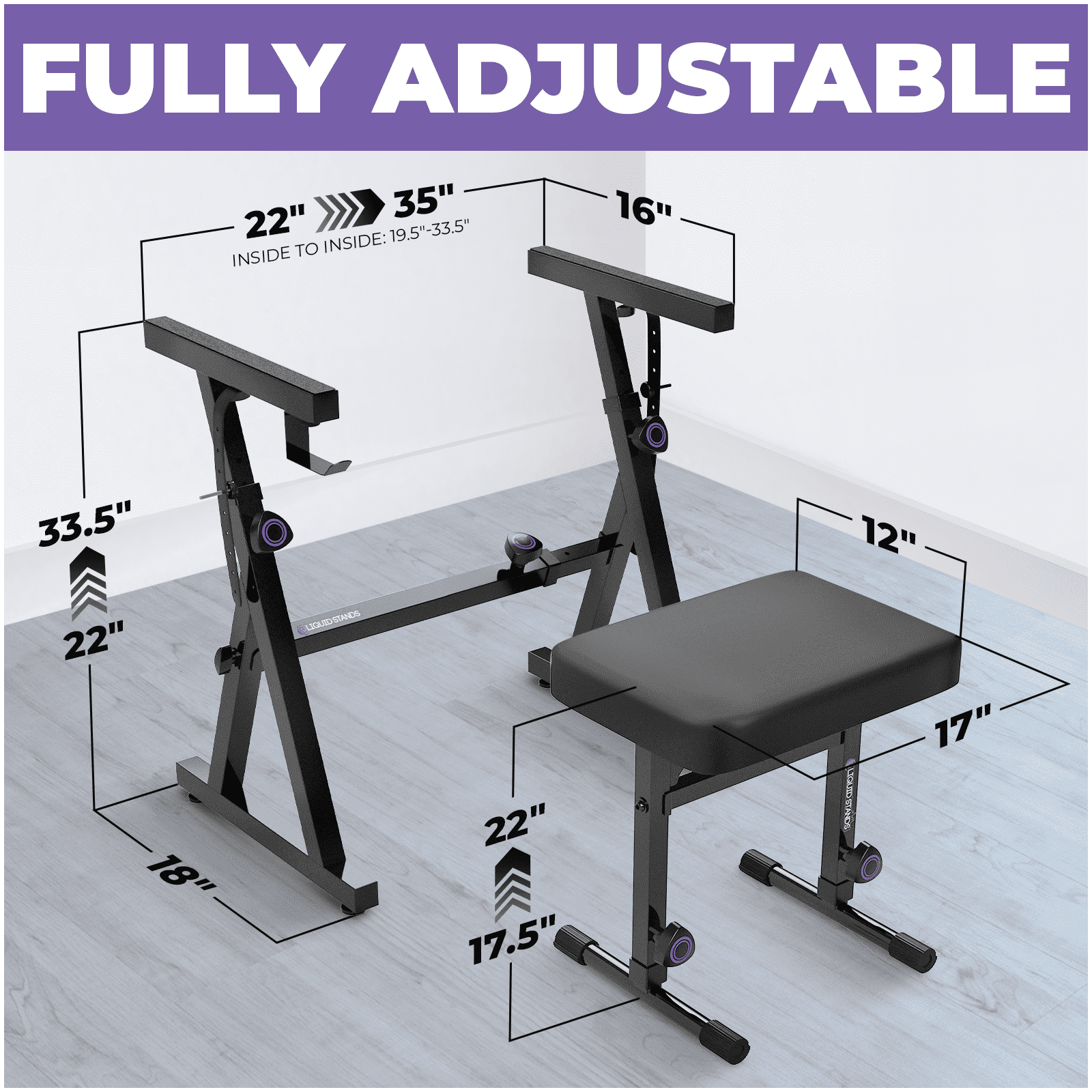 Restored Liquid Stands Piano Keyboard Stand and Bench Set - Portable Heavy Duty Digital Piano Stand for 54-88 Key Electric Pianos & Adjustable Piano Bench, Chair, Stool (Refurbished)