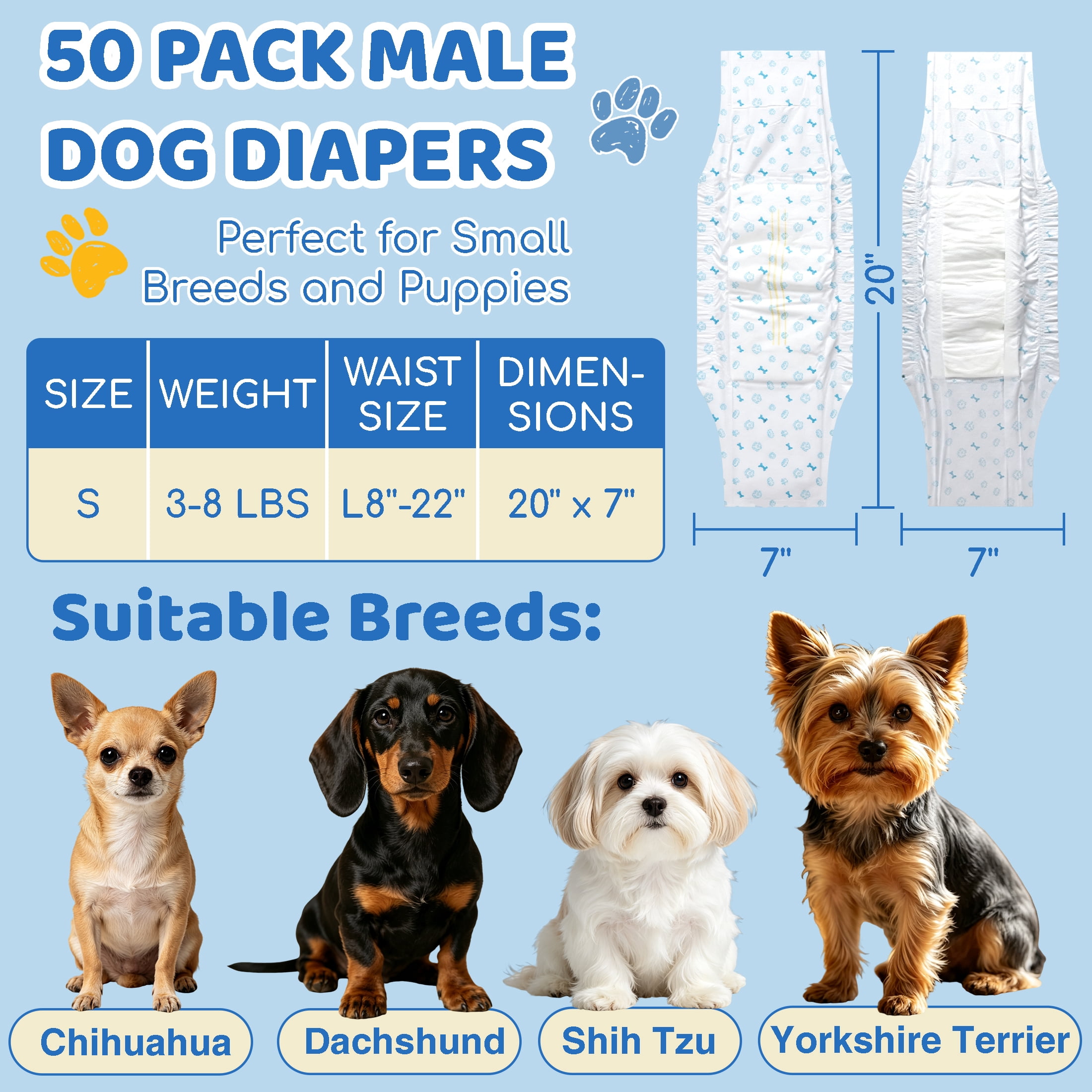 GARITIN 50 Pack Male Dog Wraps S Size, Disposable Belly Bands for Small Puppies 3‑8 lbs, Dog Diapers with Wetness Indicator for Marking & Incontinence
