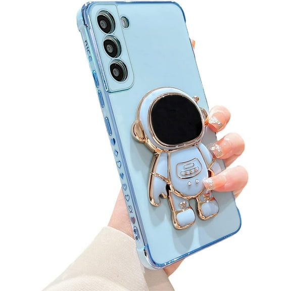 Samsung Galaxy S22 5g 6.1" Phone Case Luxury Plating Astronaut Stand Holder Case with Cute Love Heart Side Small Pattern Camera Protection Soft Silicone Shockproof Kickstand Bumper (Blue)