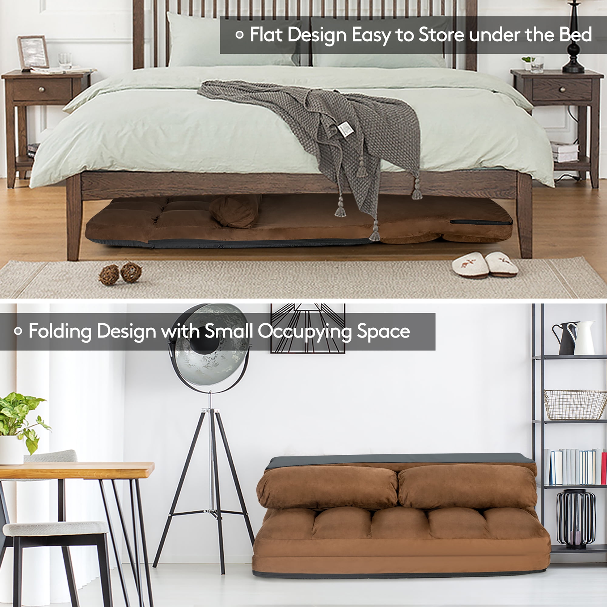 Costway Foldable Floor Sofa Bed 6-Position Adjustable Couch w/ 2 Pillows Brown