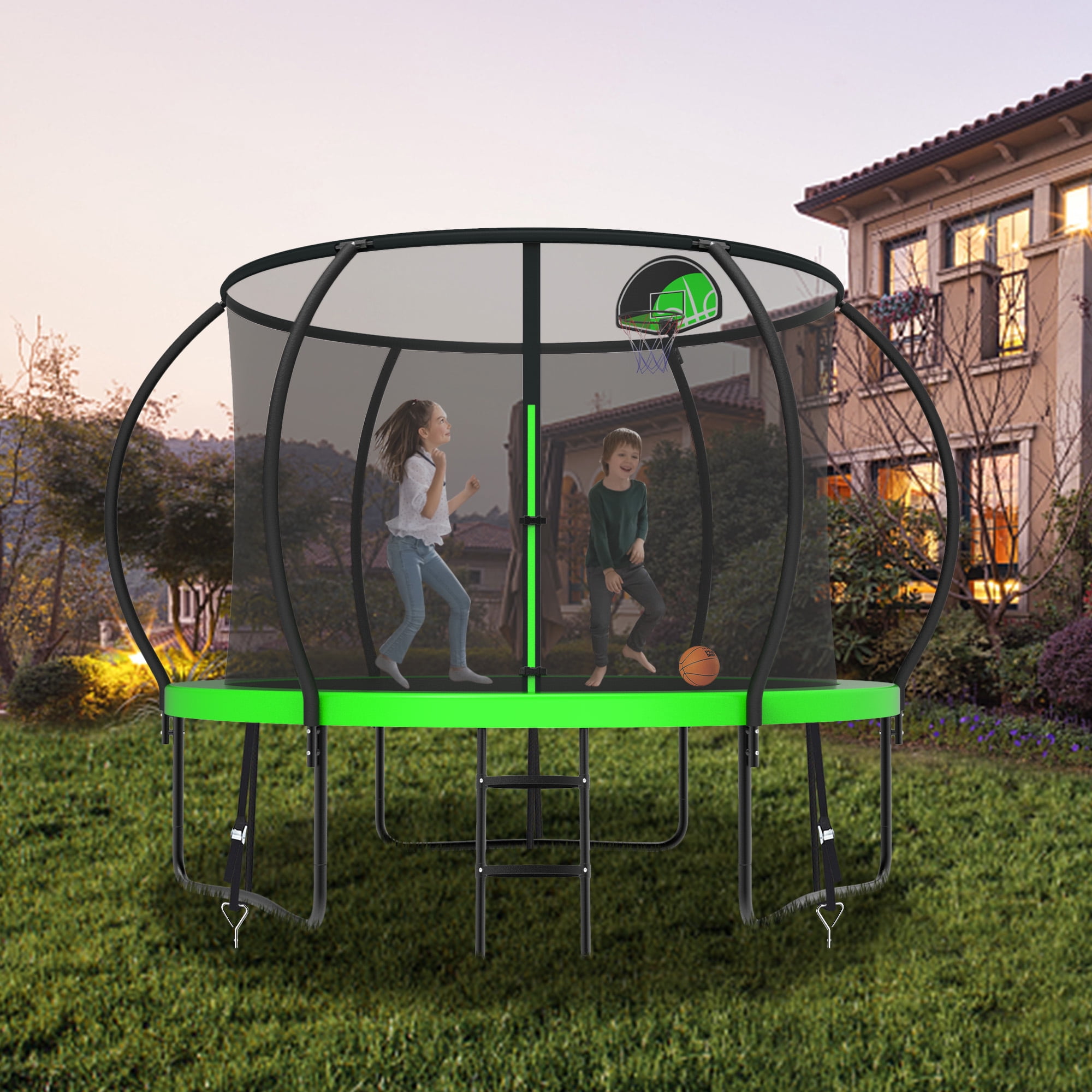 CITYLE 10FT Trampoline with Enclosure Net and Lights, Outdoor Trampoline for Kids and Adults, 1000LBS Trampoline with Basketball Hoop, Galvanized Steel Heavy Duty Trampolines