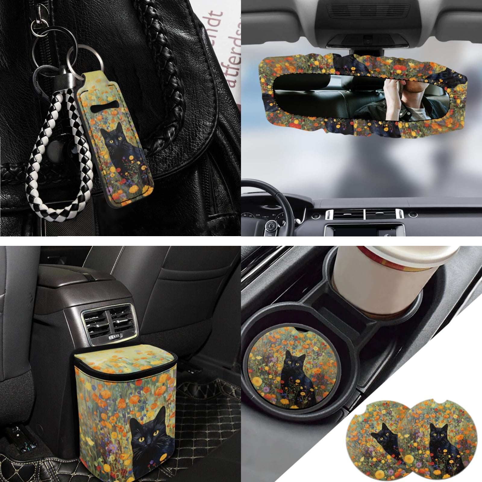 Jeiento Black Cat Car Accessories Sets 13 PCS Car Seat Protector Steering Wheel Cover Floral Seatbelt Shoulder Pad Auto Rear View Mirror Covers Coasters Keychain Lipstick Holder Interior Car Decor