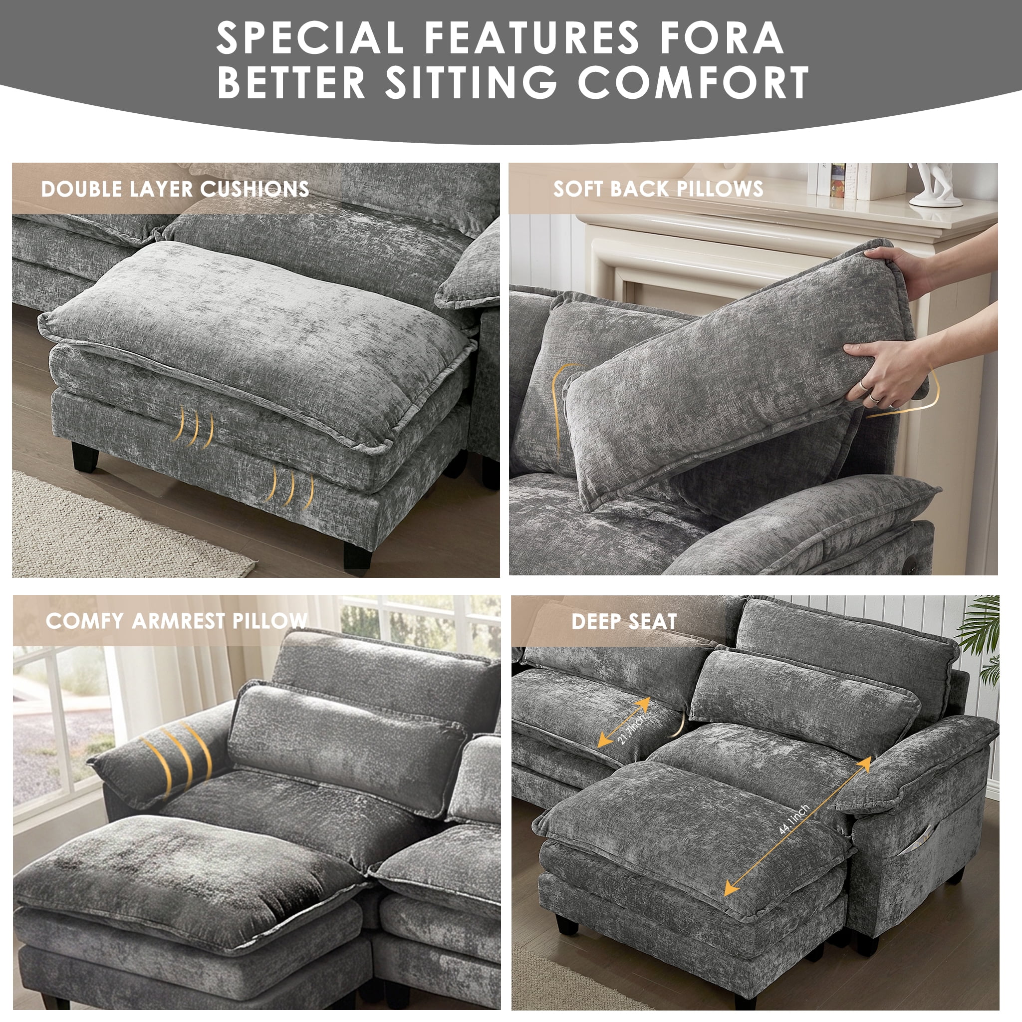 AISWORD 157" U Shaped Cloud Couch Sectional, Oversized Modular Sofa with USB Charging, Hidden Storage, Cup Holders & Double Chaise for Living Room, Gray