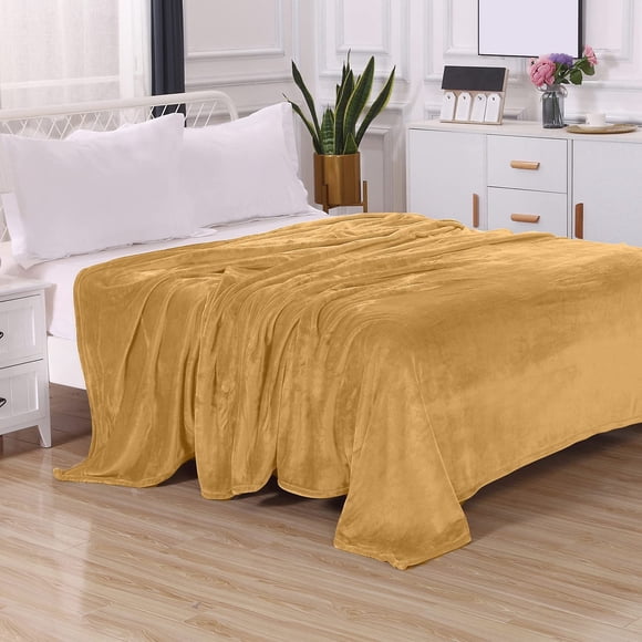 Luxury Velvety Feel Blanket, All-Season & Lightweight Material, Ultra Plush, Soft, Cozy Flannel Fleece for Couch, Sofa, Bed, Travel, Solid King/Cali King, Gold