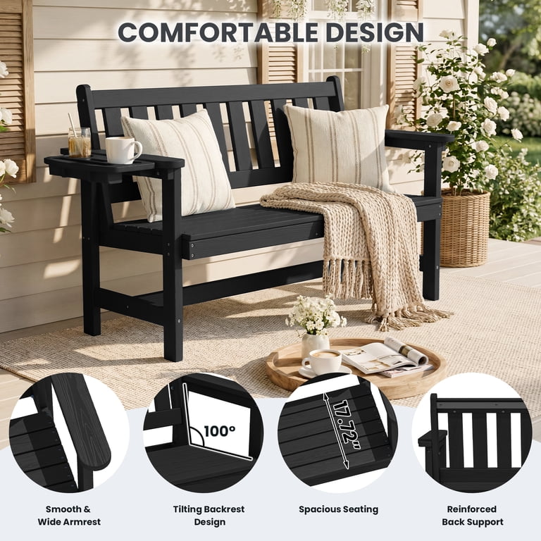 SERWALL 2-Person Outdoor Bench with Side Tray, Black photo 3