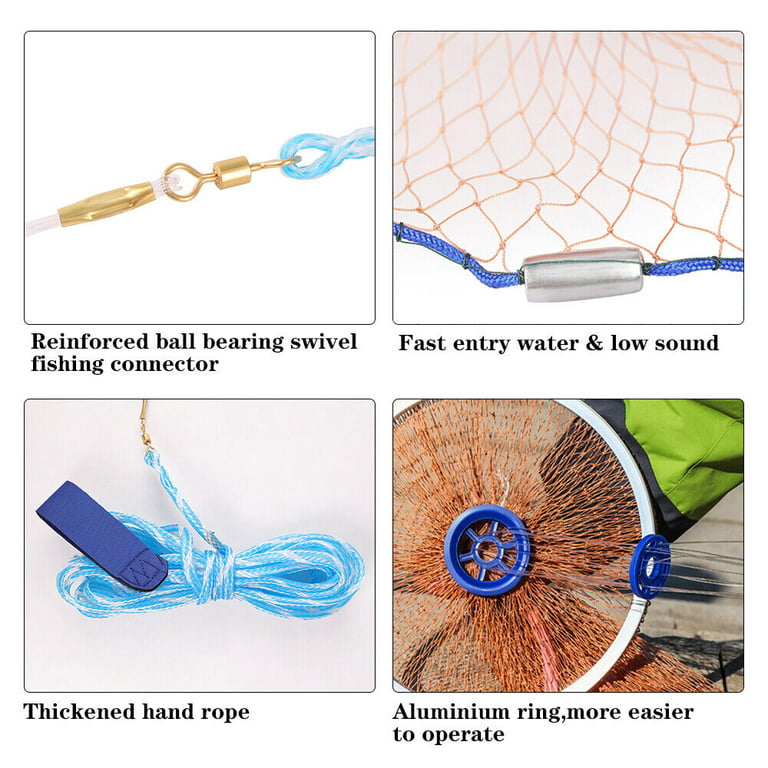 6-16FT Fishing Cast Net Bait Easy Throw Heavy Duty Hand Cast Strong Tire  Line 